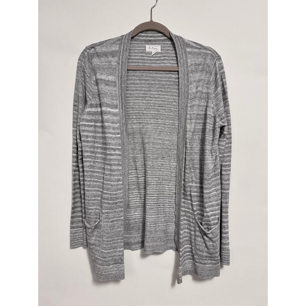 Lou & Grey Open Front Cardigan Lightweight Pockets Striped Gray / White